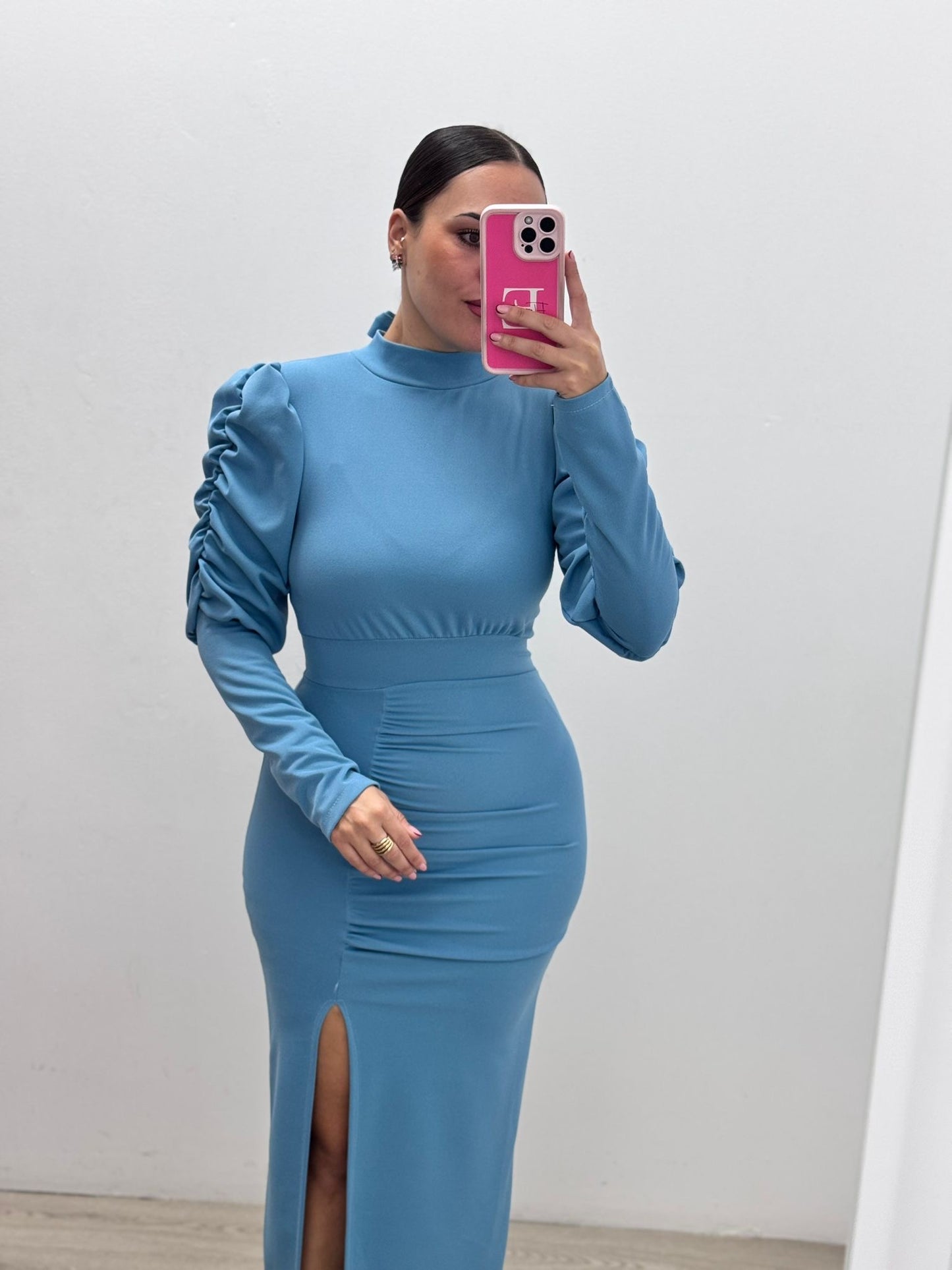 Vestido Azul Manga Frunce Lazo