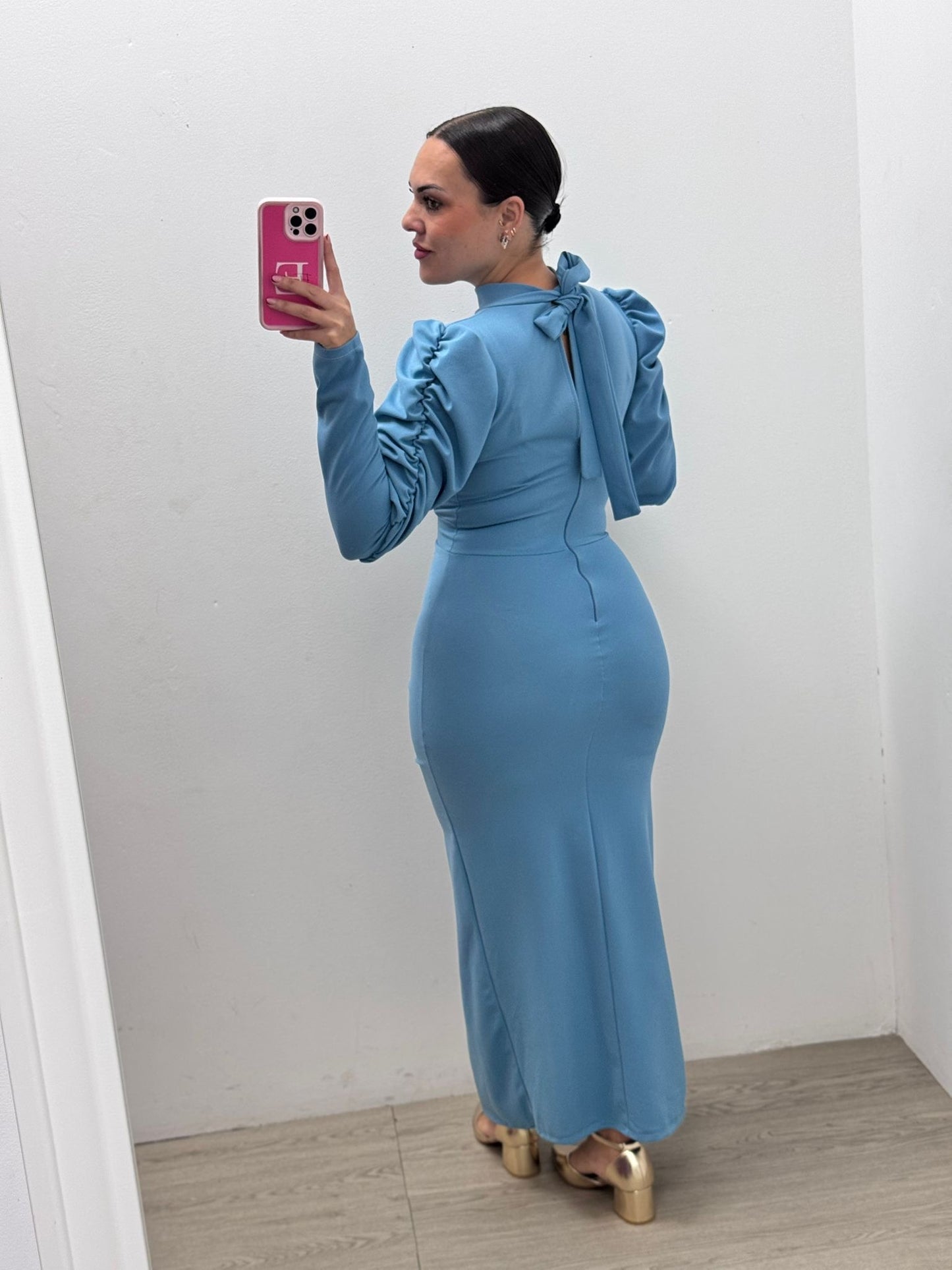 Vestido Azul Manga Frunce Lazo