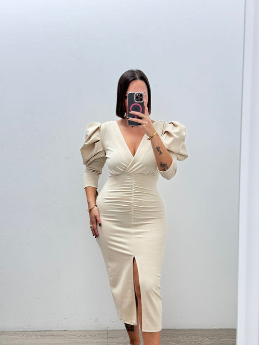 Vestido Beige Manga Farol