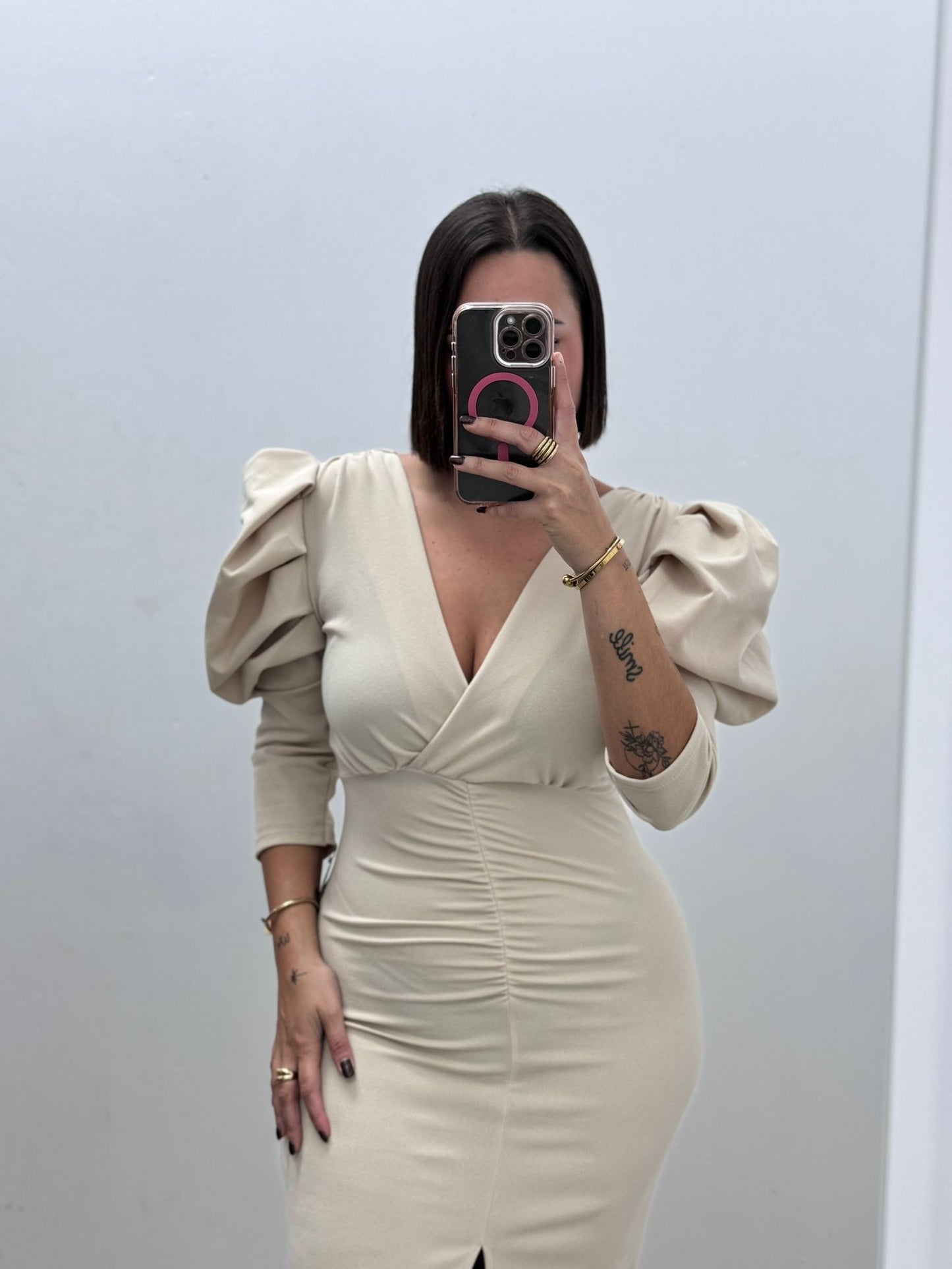 Vestido Beige Manga Farol