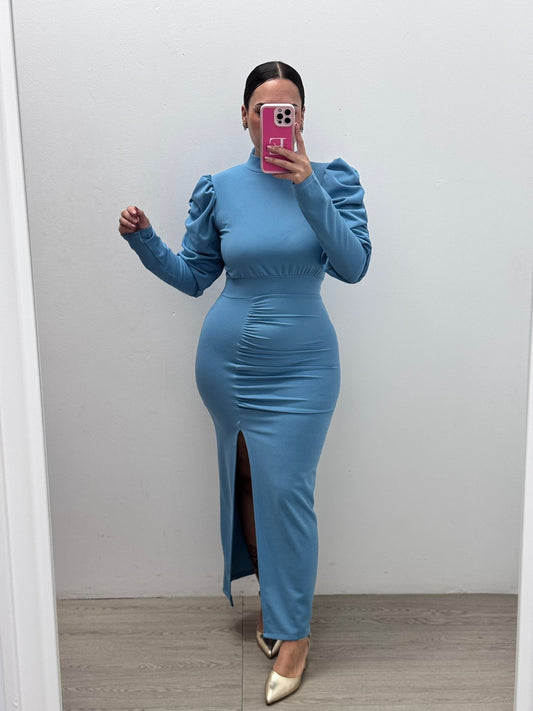 Vestido Azul Manga Frunce Lazo